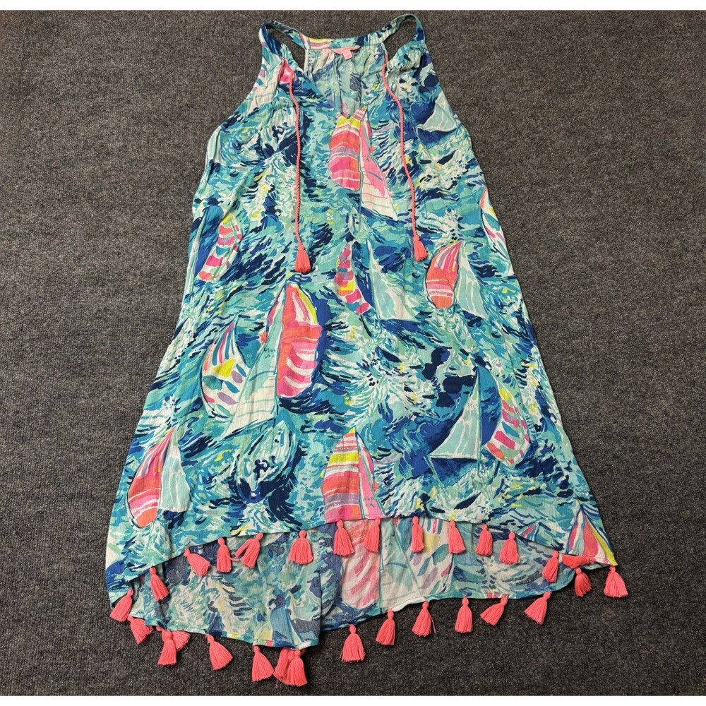 Lilly Pulitzer Roxi Dress Hey Bay Bay Nautical Print XL Tropical Sparkling Blue